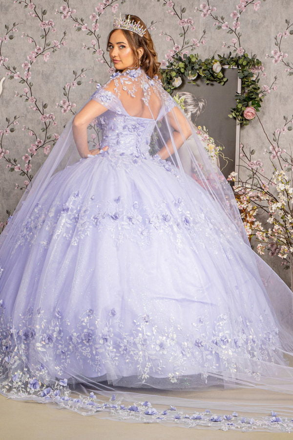 Glitter 3-D Flower Off Shoulder Quinceanera Dress by Elizabeth K - GL3179