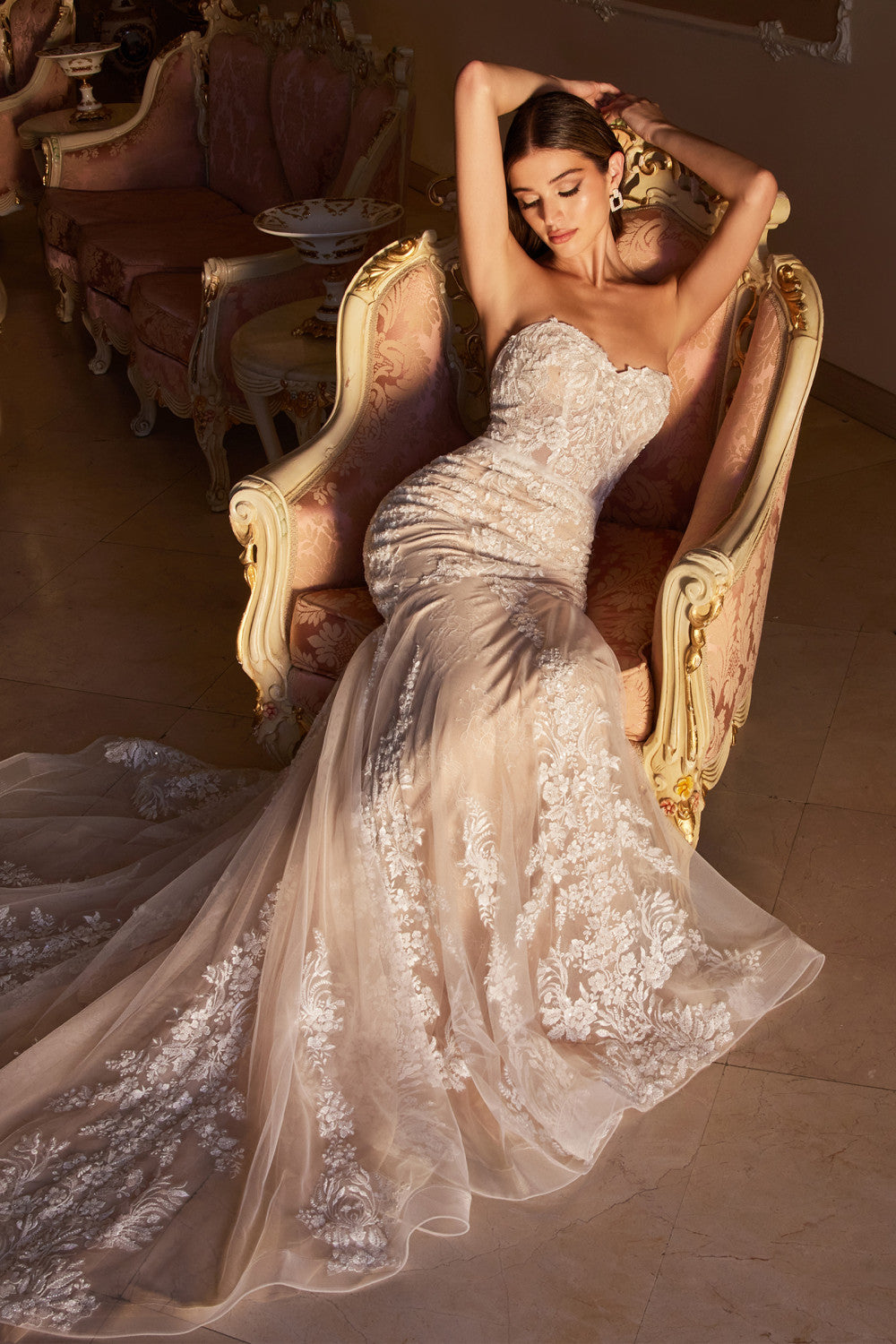 Off-White Nude Lace Mermaid with Removable Sleeves Bridal Gown WL008-2