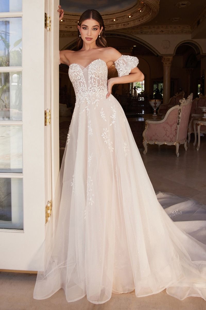 Off the Shoulder Puff Sleeve with Sweetheart Bodice A-Line Wedding Gown - Andrea & Leo Couture - A1014