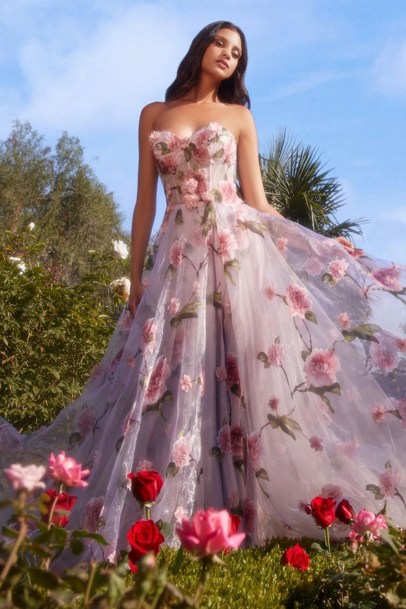 Strapless Floral Bodice Organza Ball Gown By Andrea & Leo Couture  A1035 - Special Occasion