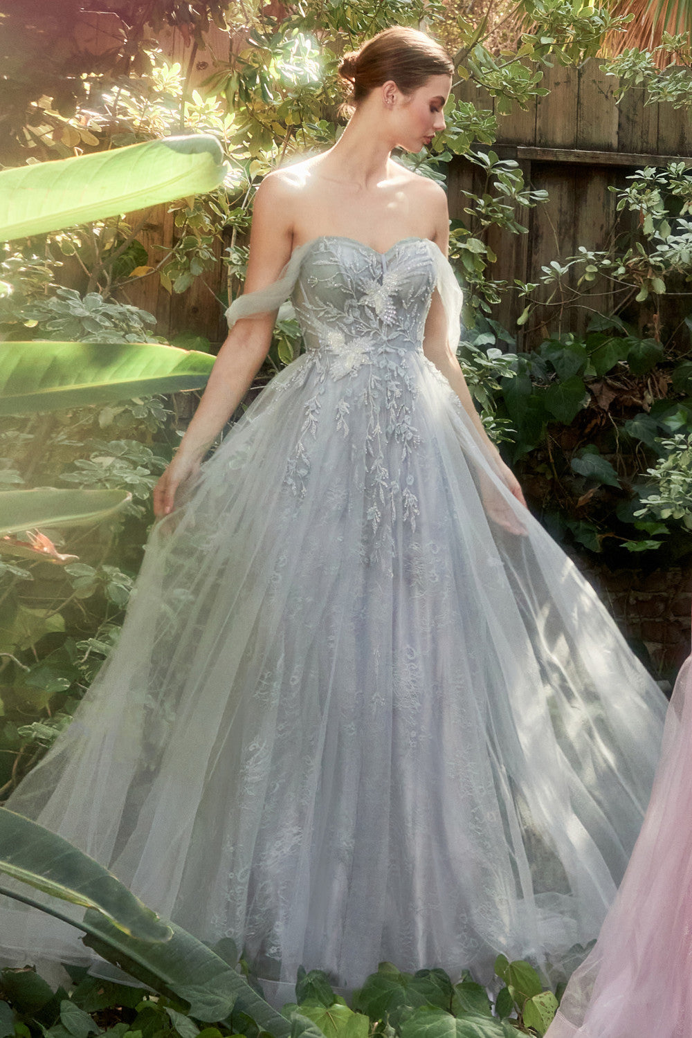 Off the Shoulder Floral Birds of Romance Corset Bodice A-Line Tulle Gown by Andrea & Leo Couture A1149