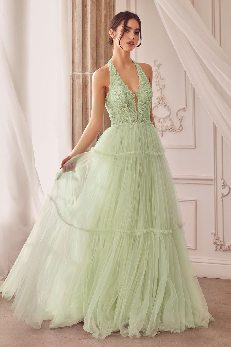 Floral Lace Tulle Halter Neckline A-line Gown Andrea & Leo Couture - A1206