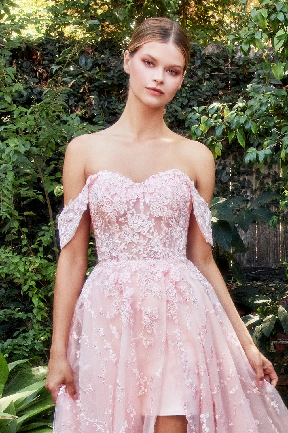 Off the Shoulder Glitter Lace Tulle A-line with Short Skirt Gown Andrea & Leo Couture - A1207