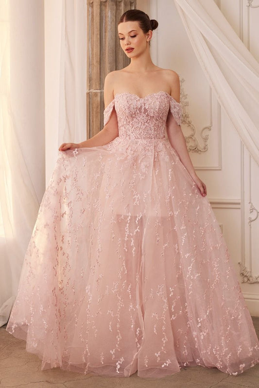 Off the Shoulder Glitter Lace Tulle A-line with Short Skirt Gown Andrea & Leo Couture - A1207