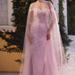 Off The Shoulder Pearl Pleated Tulle Sheath Gown with Cape by Andrea & Leo Couture A1219 - Special Occasion