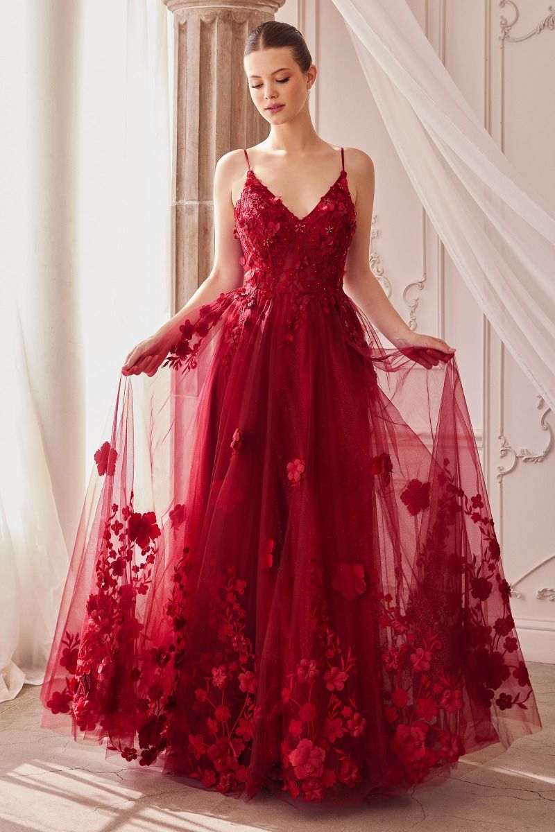 Tulle V-Neckline Floral Formal Evening Gown by Andrea & Leo Couture - A1326 - Special Occasion/Curves