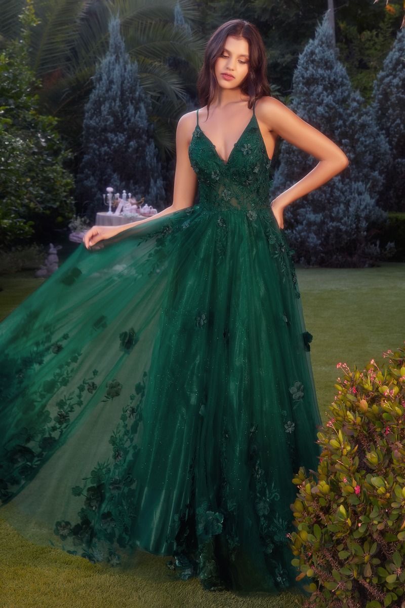 Tulle V-Neckline Floral Formal Evening Gown by Andrea & Leo Couture - A1326 - Special Occasion/Curves