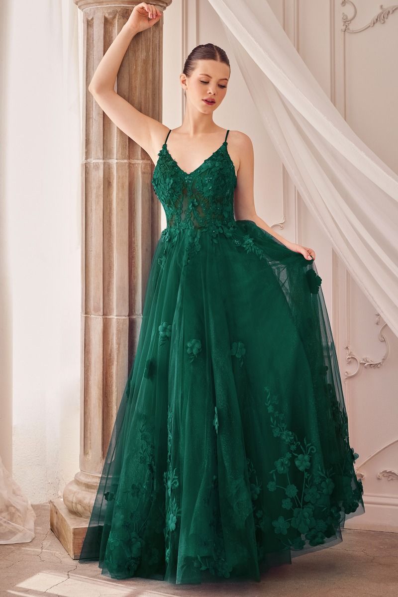 Tulle V-Neckline Floral Formal Evening Gown by Andrea & Leo Couture - A1326 - Special Occasion/Curves