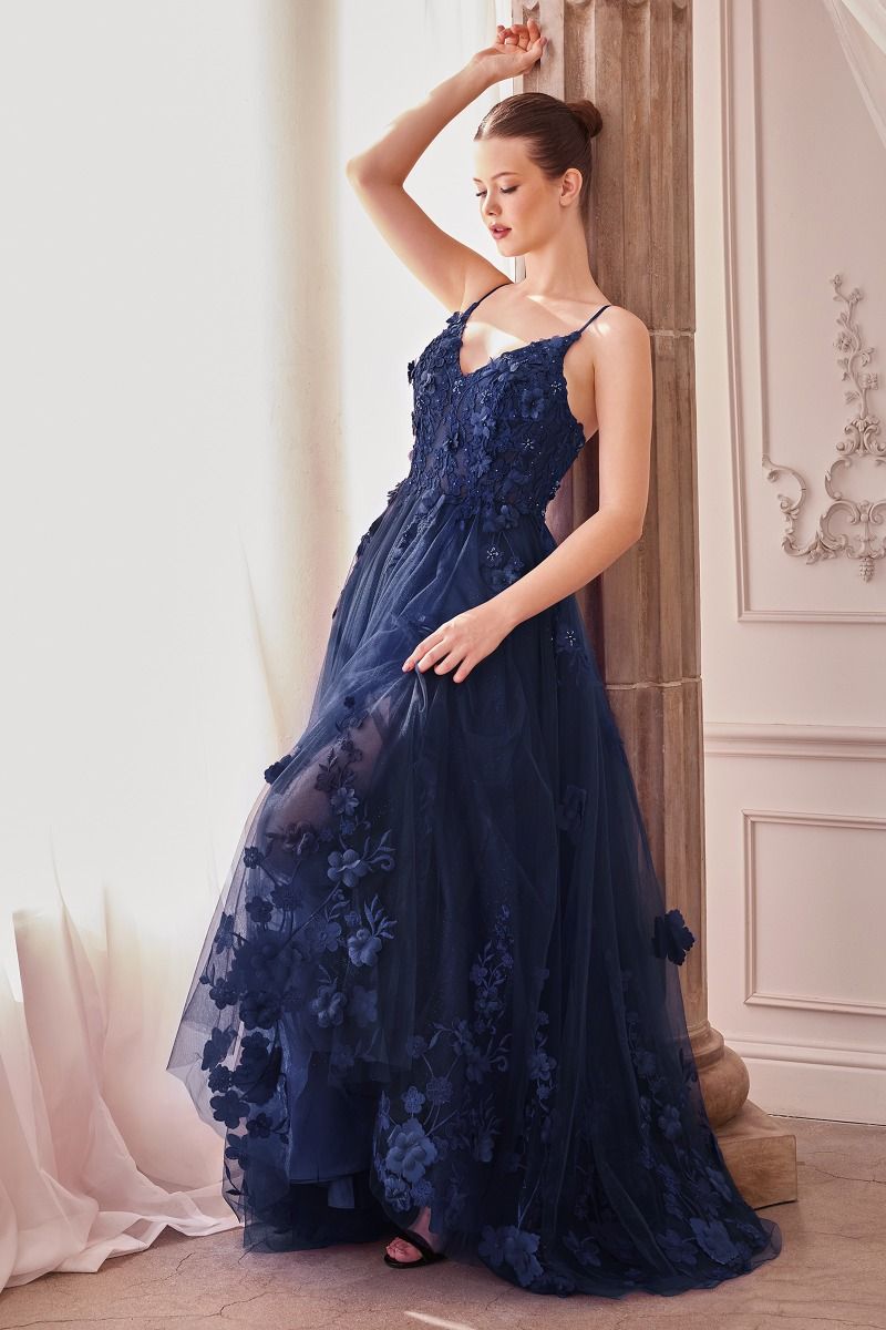 Tulle V-Neckline Floral Formal Evening Gown by Andrea & Leo Couture - A1326 - Special Occasion/Curves