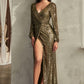 Sequin Long Sleeve V-Neckline Gown by Cinderella Divine B8422 - Special Occasion