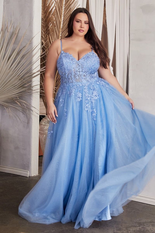 Applique V-Neckline Tulle Gown by Cinderella Divine C148C - Curves