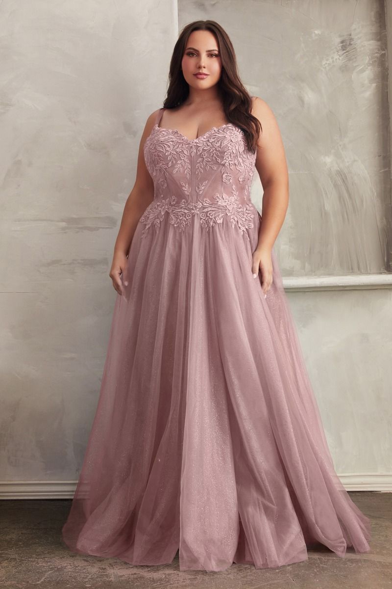 Lace A-Line Tulle Leg Slit Gown by Cinderella Divine C150C - Curves