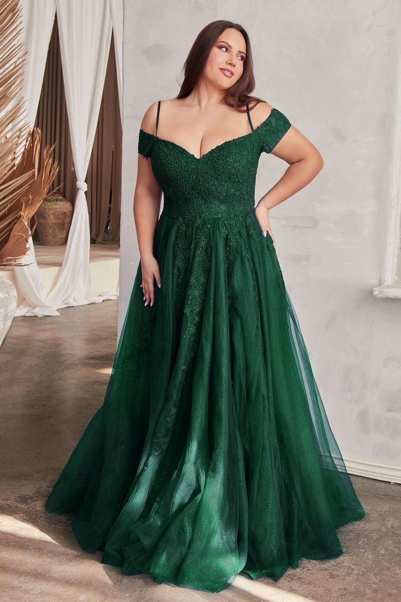 Off The Shoulder Tulle A-Line Gown by Cinderella Divine C154C - Curves