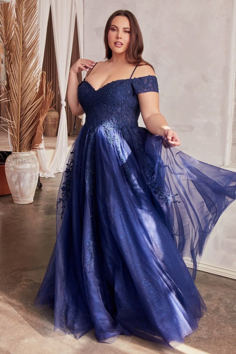 Off The Shoulder Tulle A-Line Gown by Cinderella Divine C154C - Curves