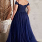 Off The Shoulder Tulle A-Line Gown by Cinderella Divine C154C - Curves