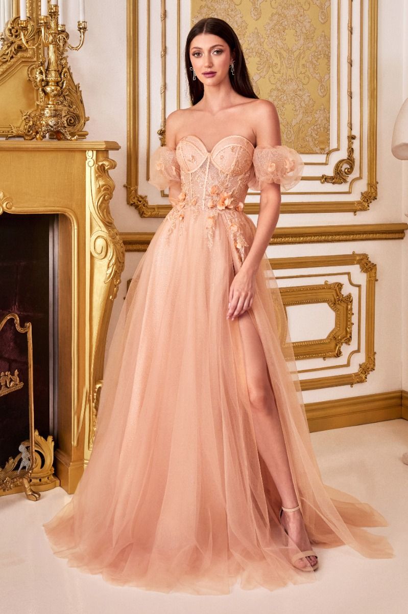 Off The Shoulder Strapless Floral Ballgown with Puff Sleeves by Cinderella Divine CB080 - Special Occasion