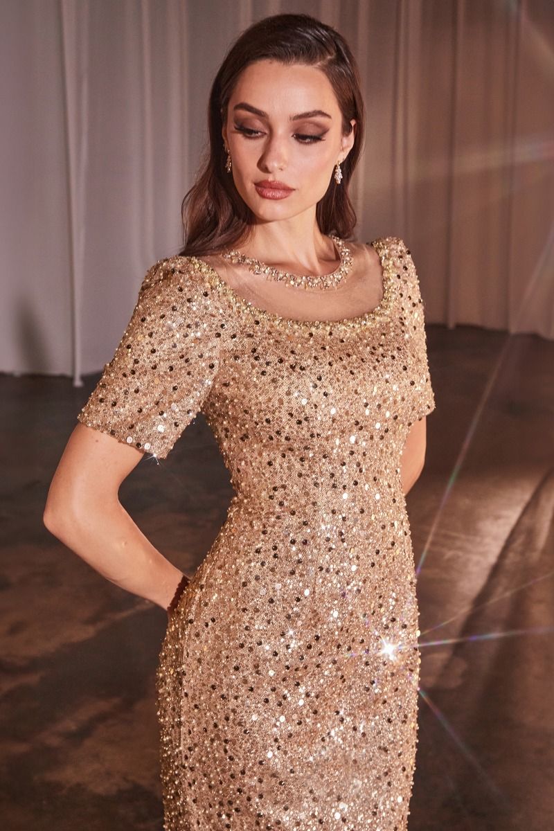 Sequin Illusion Neckline Sheath Gown by Cinderella Divine CB151 - Special Occasion