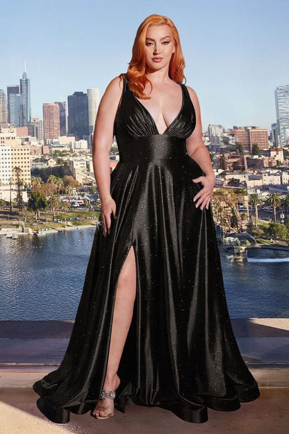 Glitter Satin V-Neck A-Line Gown by Cinderella Divine CC2349C - Curves