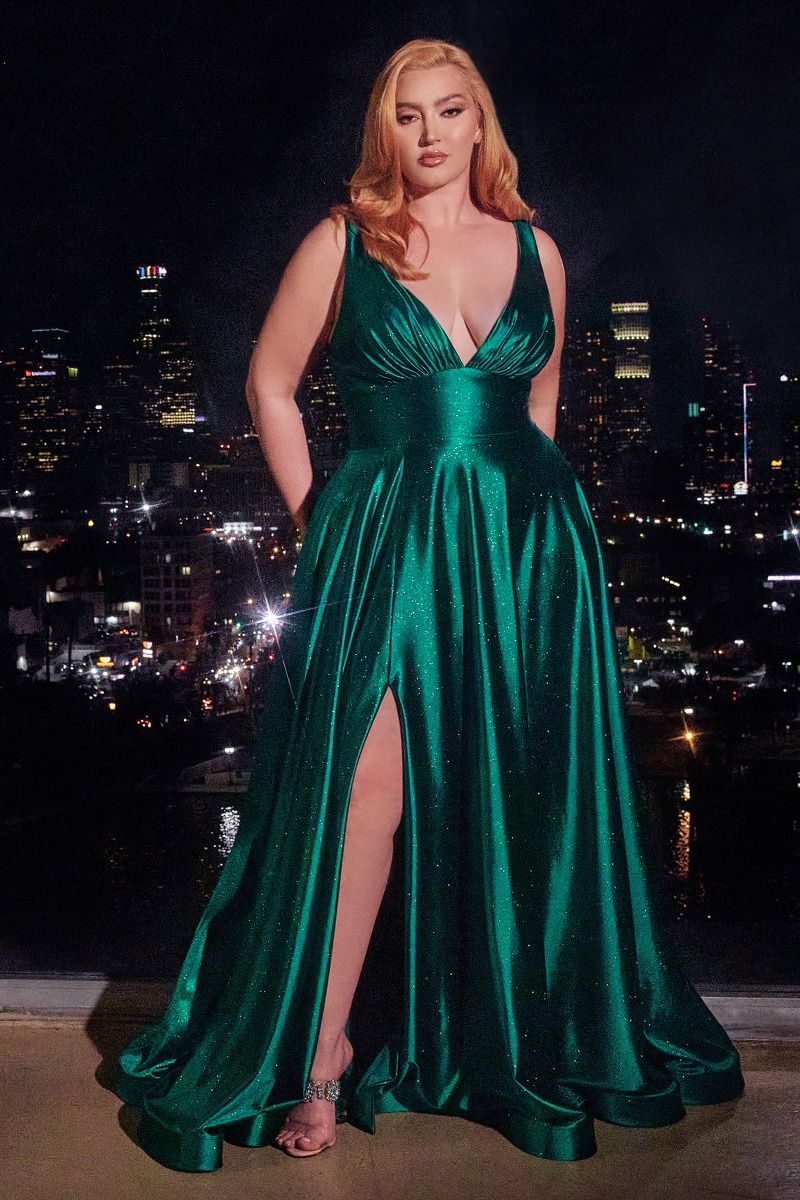 Glitter Satin V-Neck A-Line Gown by Cinderella Divine CC2349C - Curves