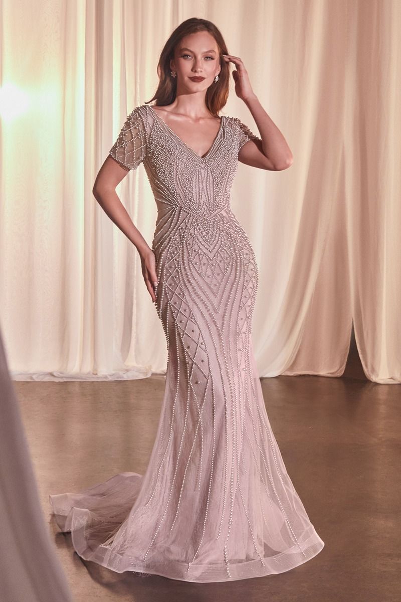 Beaded Tulle V-Neckline Mermaid Gown by Cinderella Divine CC4019 - Special Occasion/Curves