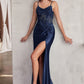 Fitted Satin Mermaid Leg Slit Gown by Cinderella Divine CD0176 - Special Occasion