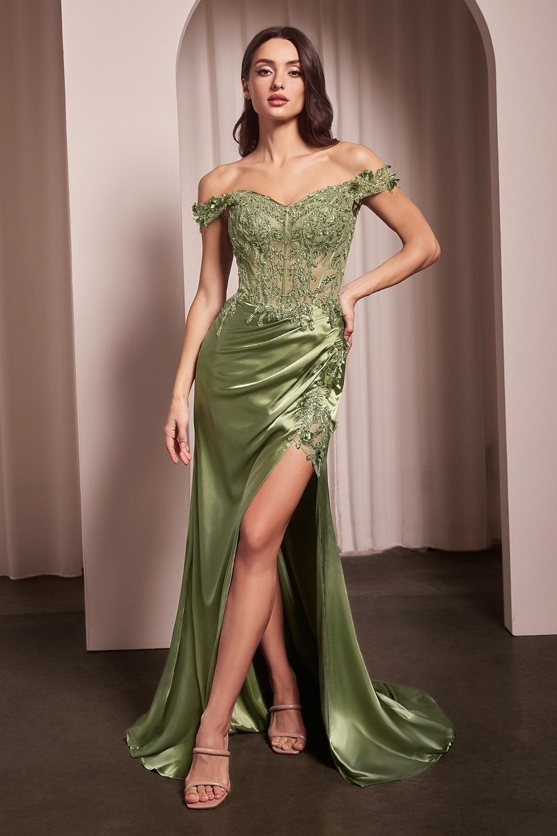 Off the Shoulder Floral Sheath Slit Women Gown by Cinderella Divine CD0186 - Special Occasion/Curves