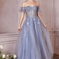 Strapless Corset Layered Tulle Gown with Puff Sleeves by Cinderella Divine CD0191 - Special Occasion