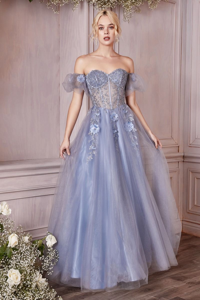 Strapless Corset Layered Tulle Gown with Puff Sleeves by Cinderella Divine CD0191 - Special Occasion