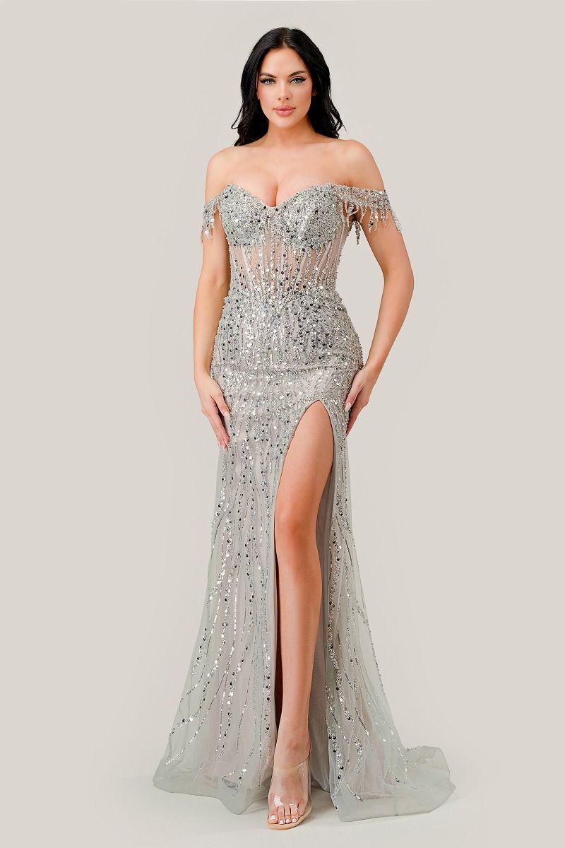 Off The Shoulder Sequin Slit Gown By Ladivine CD0203 - Women Evening Formal Gown - Special Occasion/Curves