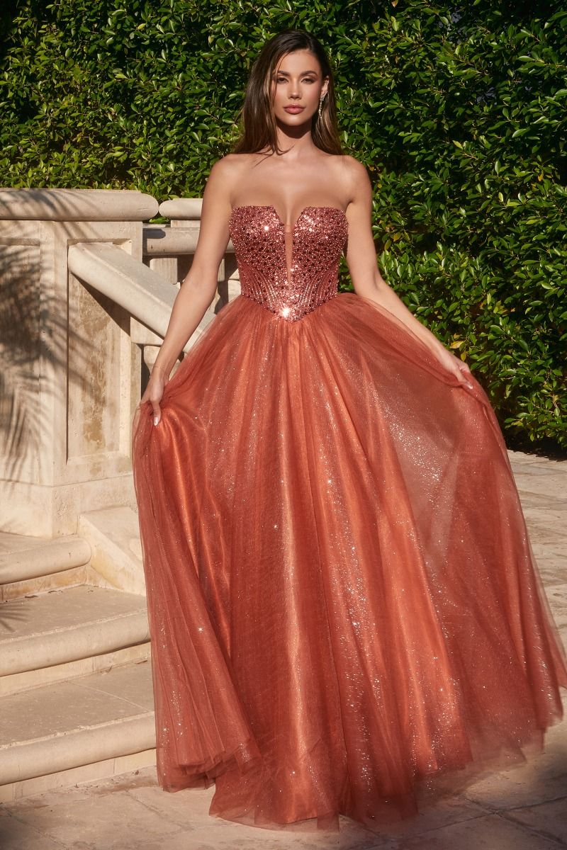 Strapless Sequin Tulle A-Line Gown by Cinderella Divine - CD0217 - Special Occasion