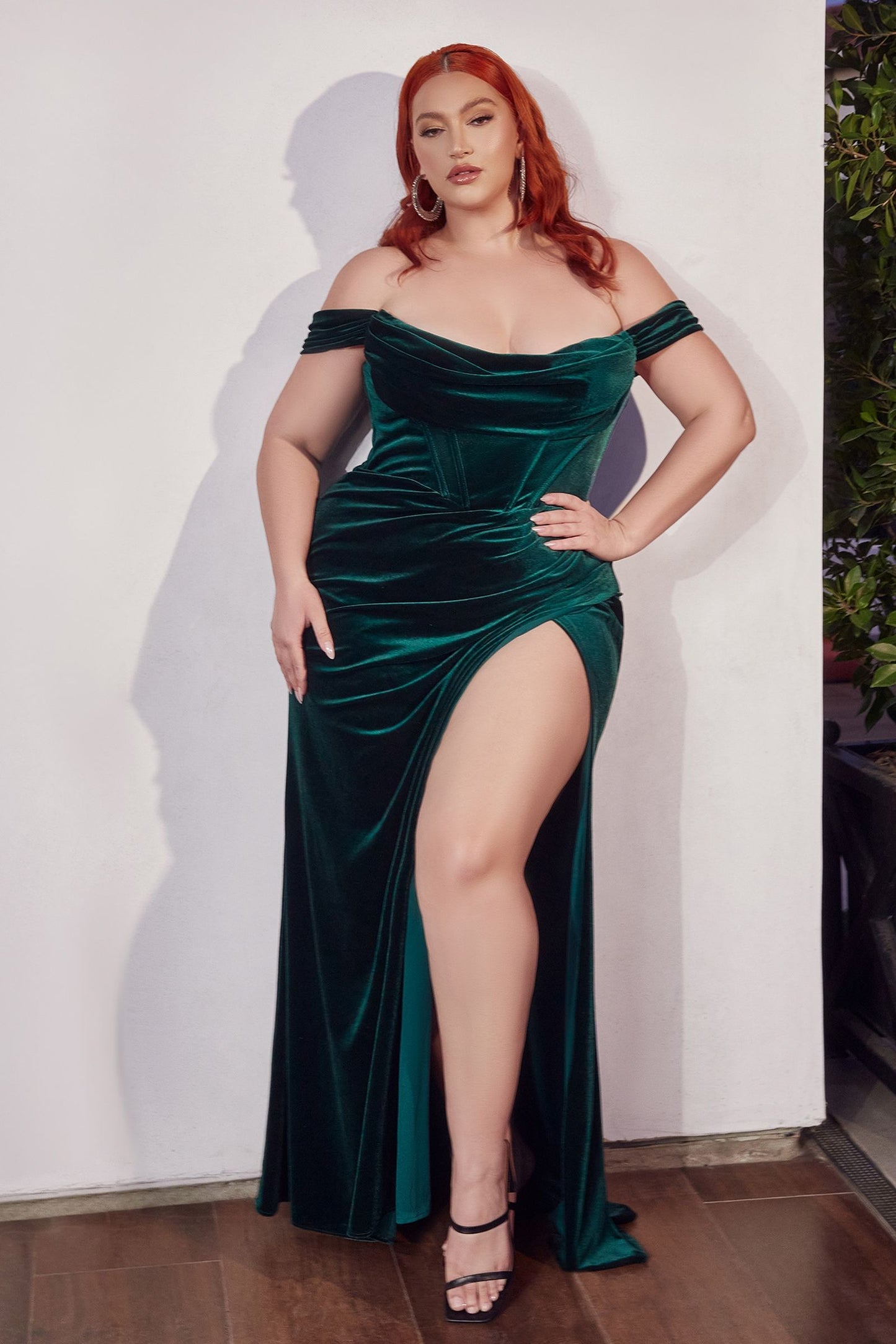 Velvet Off The Shoulder Slit Women Formal Gown By Ladivine CD236C - Curves