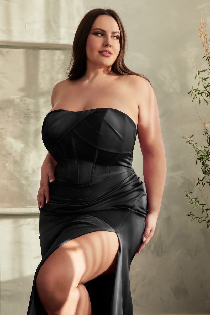 Strapless Soft Satin Leg Slit Gown by Cinderella Divine CD326C - Curves