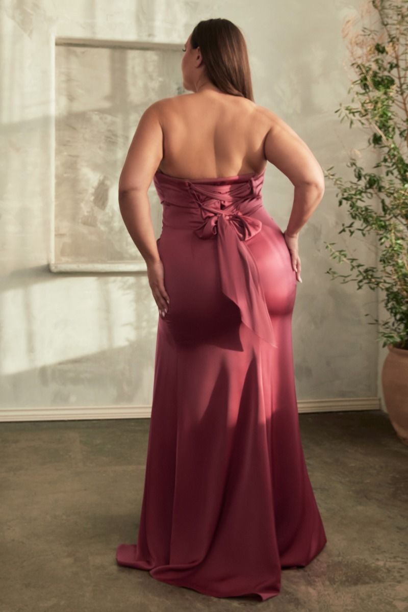 Strapless Soft Satin Leg Slit Gown by Cinderella Divine CD326C - Curves