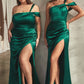 Satin One Shoulder Draped Leg Slit Gown by Cinderella Divine CD327 - Special Occasion