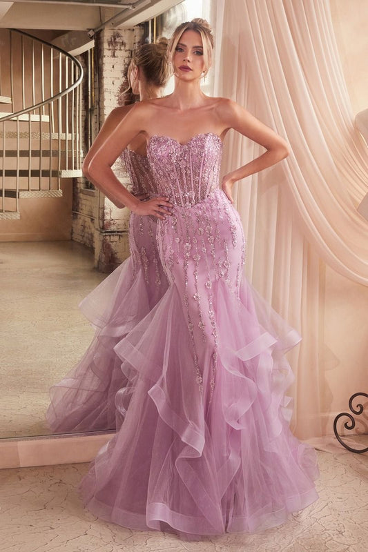 Beaded Strapless Tiered Mermaid Gown by Cinderella Divine CD332 - Special Occasion