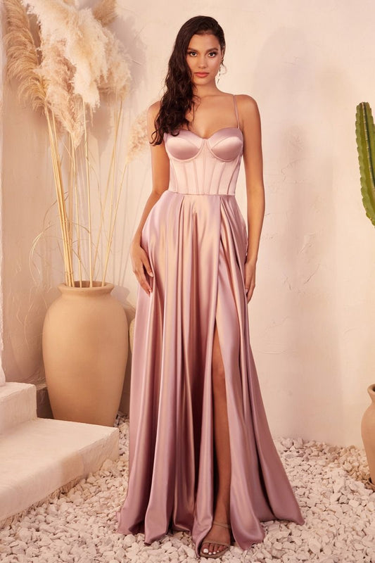 Bustier Satin A-Line Leg Slit Gown by Cinderella Divine CD337 - Special Occasion