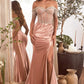 Embellished Off The Shoulder Satin Gown by Cinderella Divine CD821 - Special Occasion