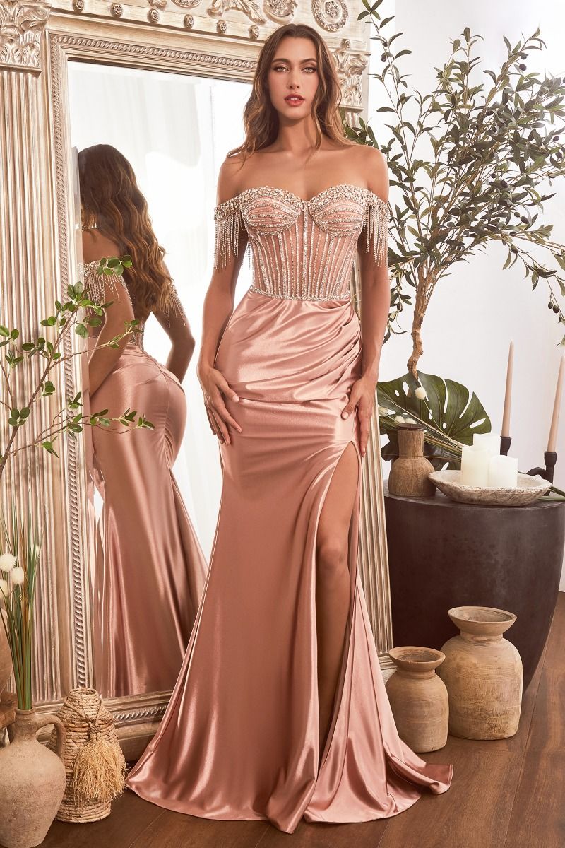 Embellished Off The Shoulder Satin Gown by Cinderella Divine CD821 - Special Occasion