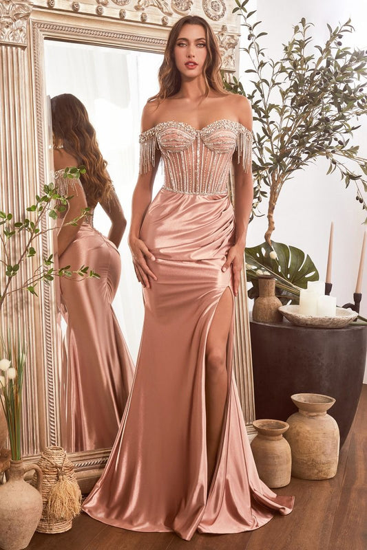 Embellished Off The Shoulder Satin Gown by Cinderella Divine CD821 - Special Occasion