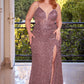 Sequin V-Neckline Leg Slit Gown by Cinderella Divine CD840C - Curves