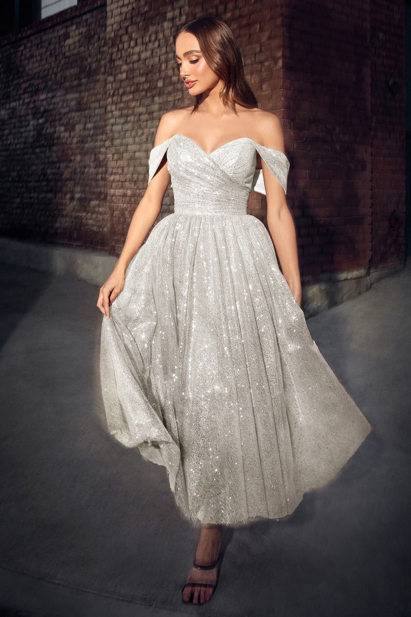 Off Shoulder Sweetheart Bodice A-Line Tea-Length Gown by Ladivine CD869W - Special Occasion