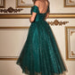 Off Shoulder Glitter A-Line Tea Length Gown by Ladivine CD870 - Special Occasion