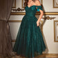 Off Shoulder Glitter A-Line Tea Length Gown by Ladivine CD870 - Special Occasion