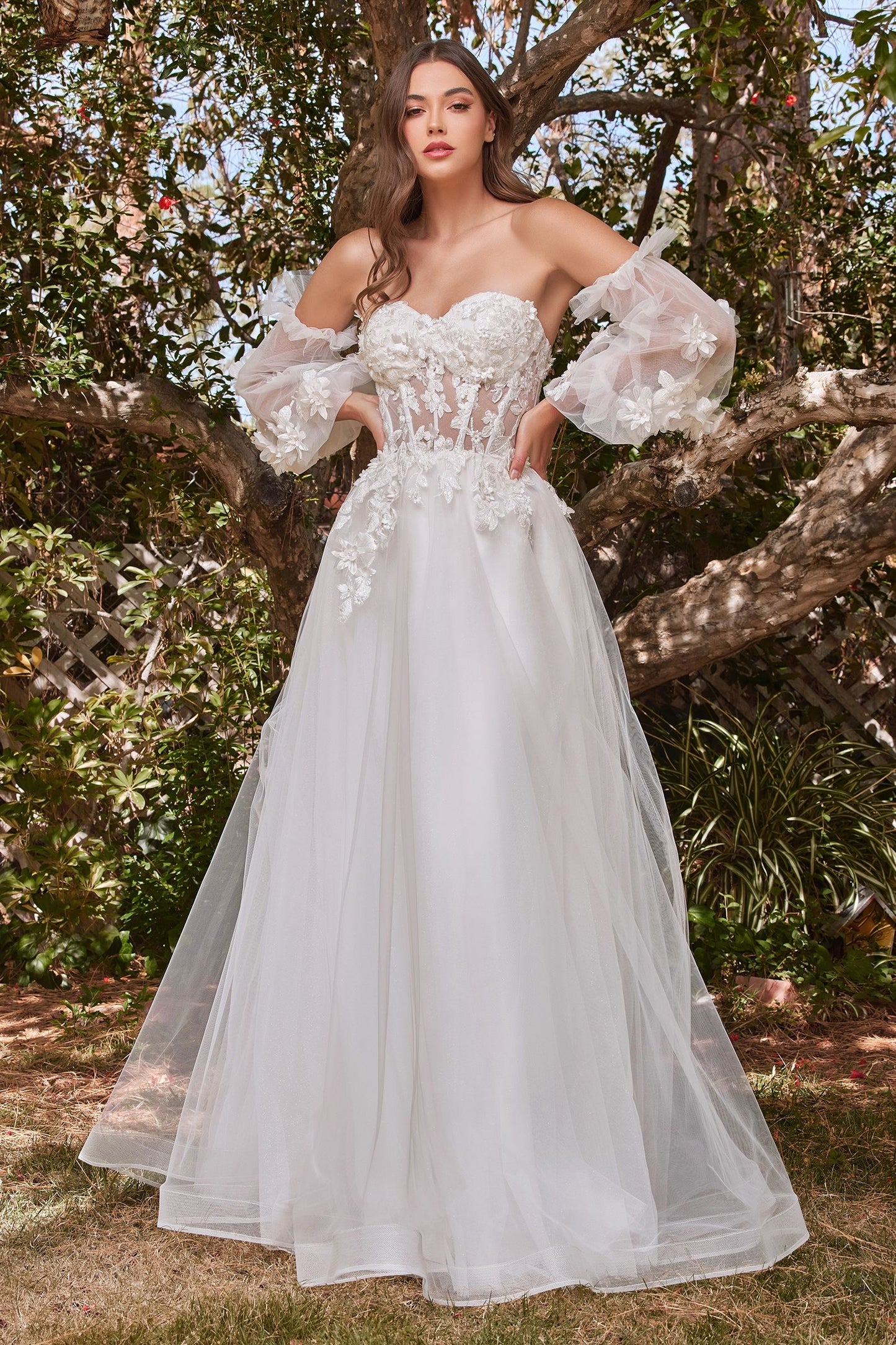 Lace & Tulle Strapless Off the Shoulder Long Sleeve Bridal Gown by Ladivine - CD962W