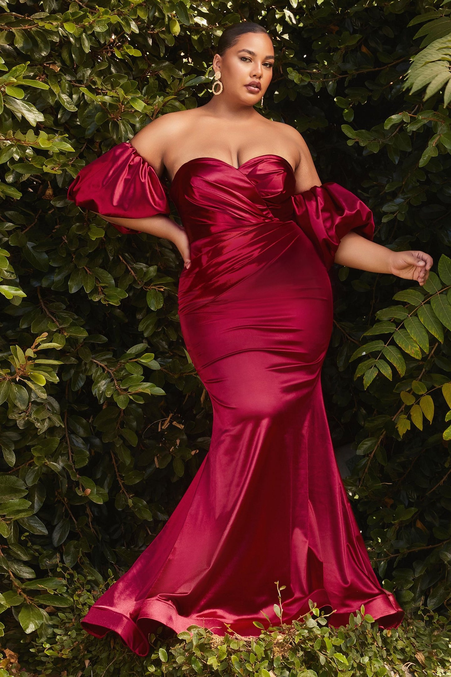 Satin Gown With Puff Sleeve by Cinderella Divine CD983C - Curves