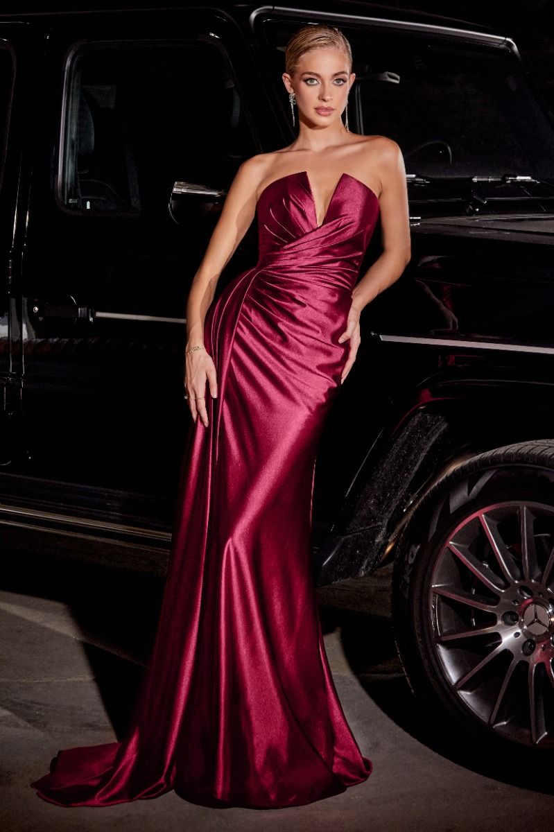 Fitted Satin Strapless Leg Slit Gown By Ladivine CDS441 - Women Evening Formal Gown - Special Occasion