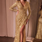 Sequin Long Sleeve V-Neckline Gown by Ladivine CH054 - Special Occasion/Curves