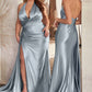 Satin Halter Neckline Leg Slit Gown By Ladivine CH079 - Women Evening Formal Gown - Special Occasion