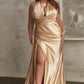 Satin Halter Neckline Leg Slit Gown by Cinderella Divine CH079C - Curves