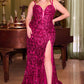 Fitted Sequin V-Neckline Leg Slit Gown by Cinderella Divine CM334C- Curves